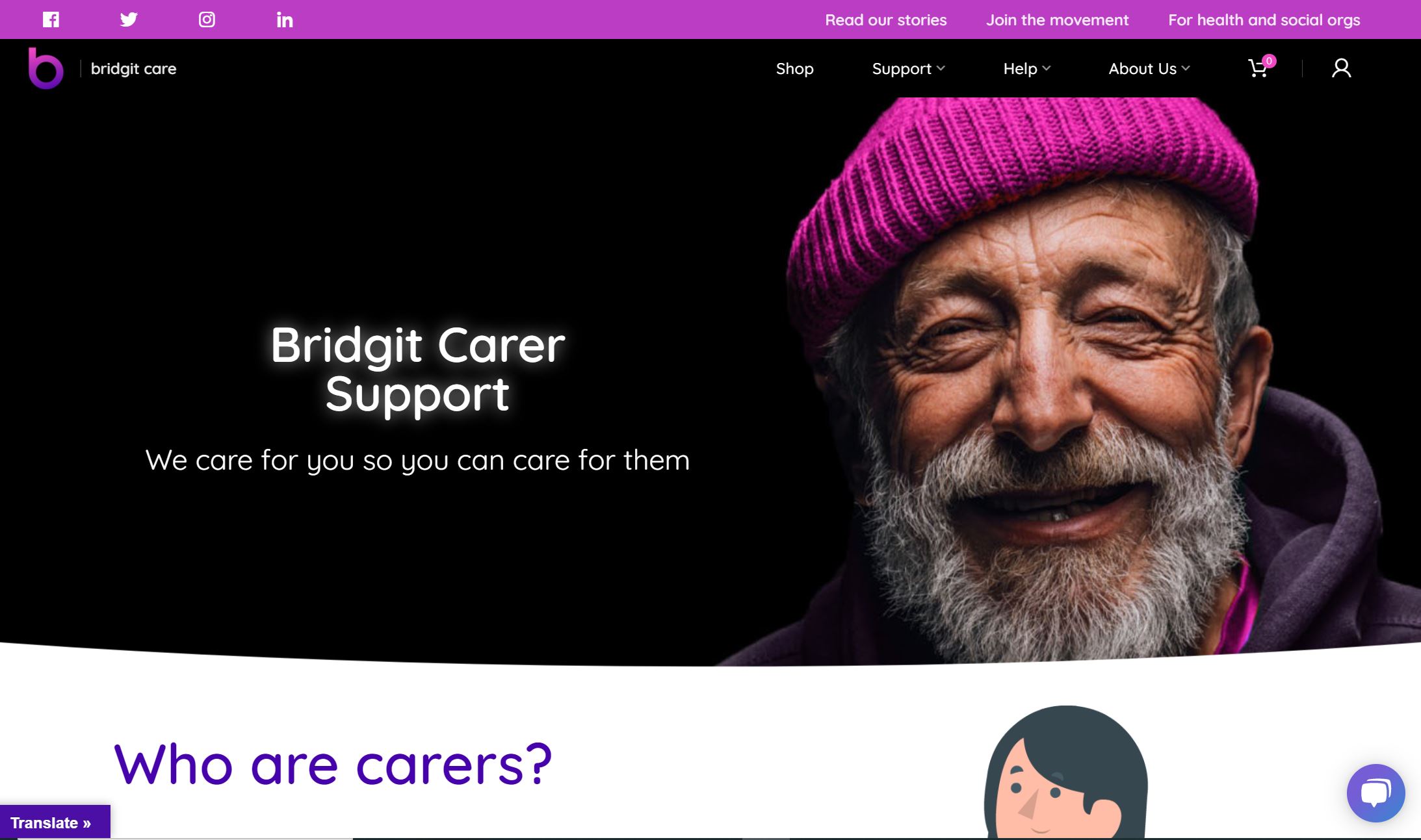 A website screenshot for "Bridgit Care" displays a smiling elderly man in a pink beanie beside text about career support. The site's navigation and social media links are visible, indicating resources for health and social organisations.
