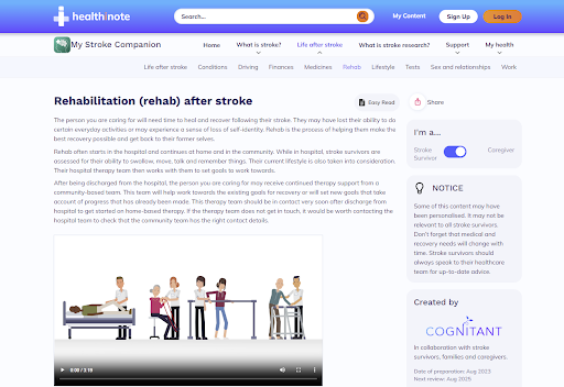 A screenshot of the "Health Note" website displays an article titled "Rehabilitation after stroke." The page features text about stroke recovery, an illustrative video thumbnail showing rehabilitation activities, and sidebars for navigation and disclaimers.