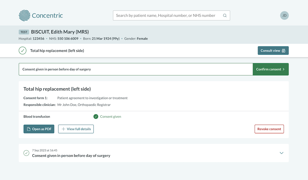 The image displays a digital medical consent form from "Concentric" for a patient named Edith Mary Biscuit, detailing a "Total hip replacement (left side)." It indicates that consent was given in person the day before surgery and provides options to view details, open as PDF, or revoke consent.